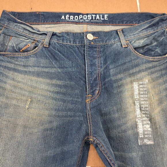 Aeropostale Jeans Mens Essex Straight Blue Distressed  Faded Measure 38 x32 - Picture 3 of 11